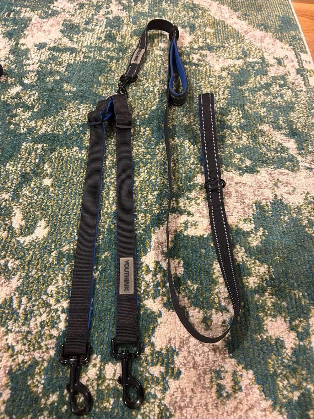 Black and Blue Dual Dog Leash with Reflective Stitching